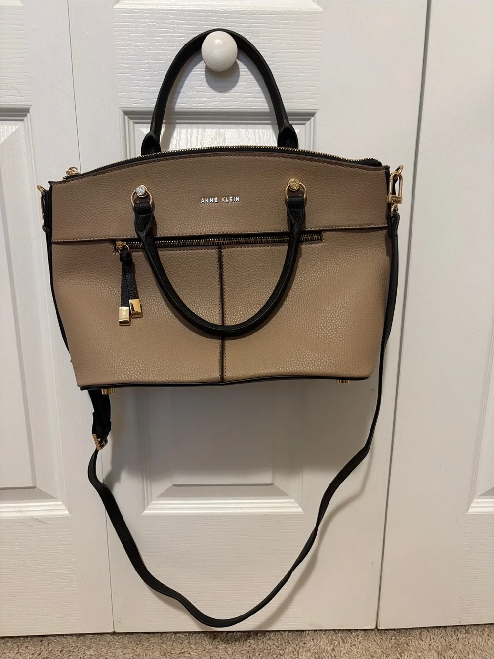 Anne Klein Beige Pebbled Satchel with Black Trim